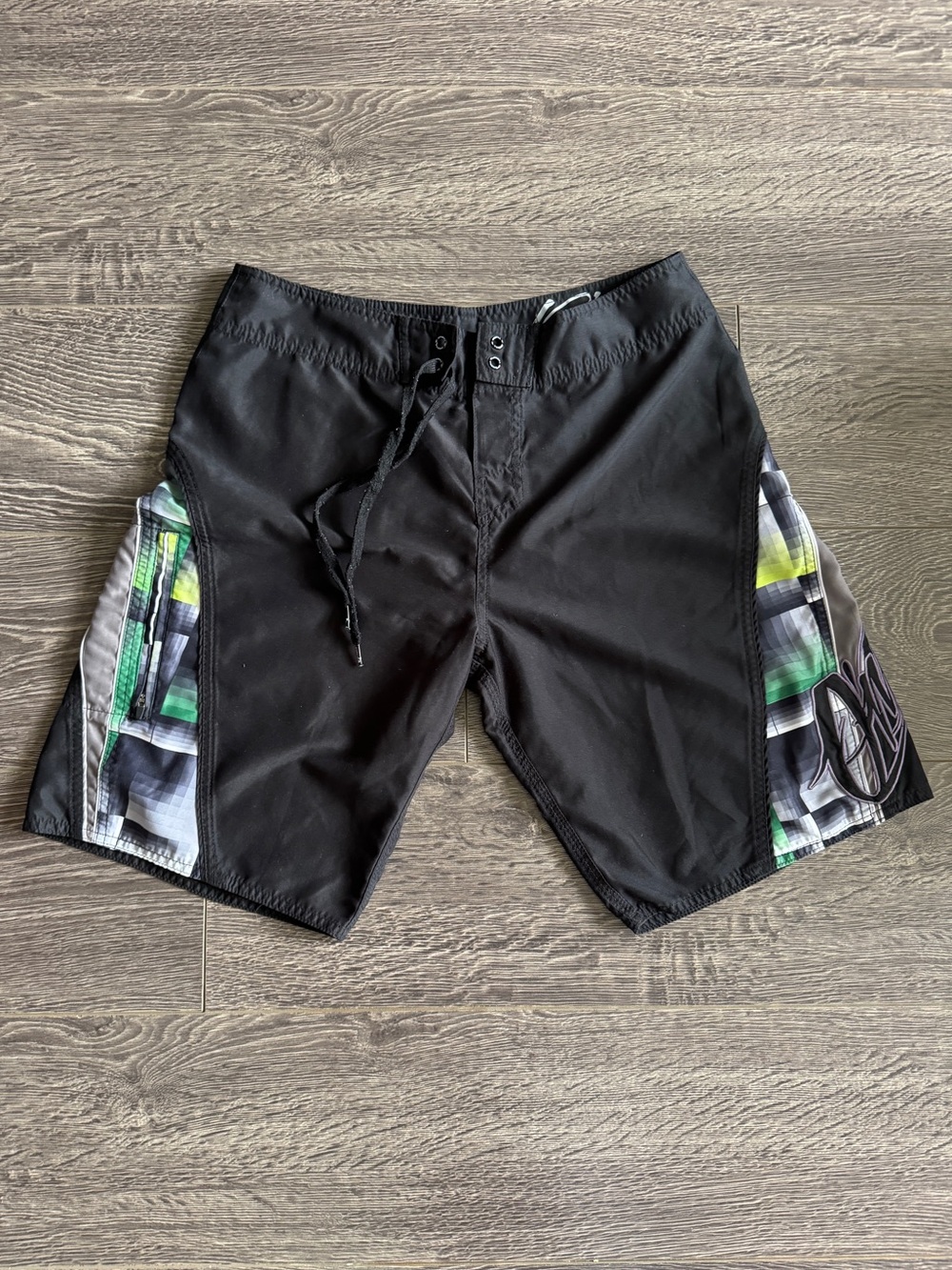 O'Neill Black Swim Board Shorts with Green and Gray Side Panels